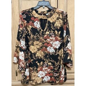 Avenue Top Blouse Women's Size 14/16 Floral Chiffon Brown Bell Sleeve Keyhole